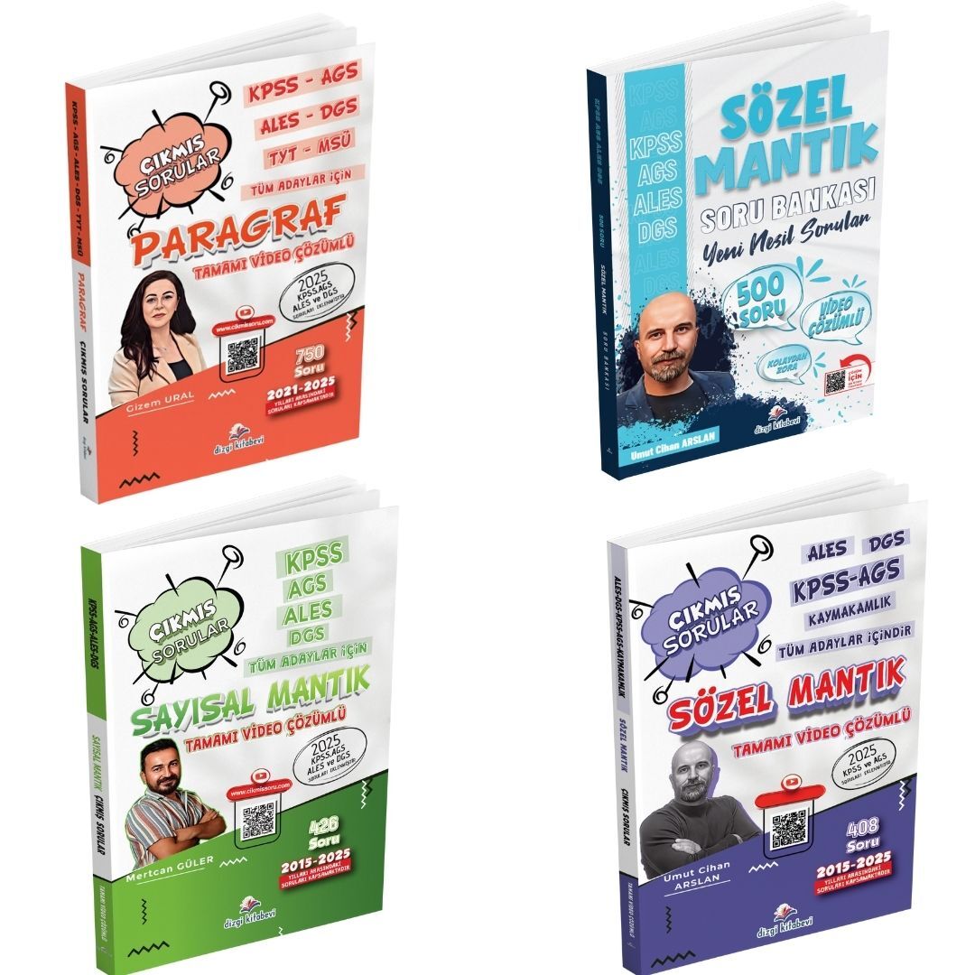 Dizgi Kitap KPSS AGS ALES DGS TYT MSÜ Tüm Adaylar İçin Paragraf Çıkmış Sorular Gizem Ural & Sayısal Mantık Çıkmış Sorular Mertcan Güler & Sözel Mantık Soru Bankası Umut Cihan Arslan ve Sözel Mantık Çıkmış Sorular Umut Cihan Arslan 4'lü Set