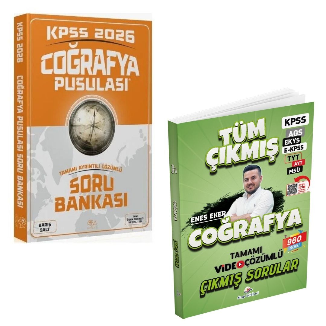 Dizgi Kitap 2026 Coğrafya Tüm Sınavlar Tamamı Video Çözümlü Çıkmış Sorular Enes Eker ve KPSS Coğrafya Pusulası Soru Bankası Barış Salt CBA Yayınları Seti