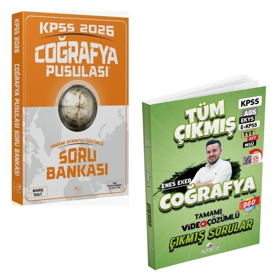 Dizgi Kitap 2026 Coğrafya Tüm Sınavlar Tamamı Video Çözümlü Çıkmış Sorular Enes Eker ve KPSS Coğrafya Pusulası Soru Bankası Barış Salt CBA Yayınları Seti