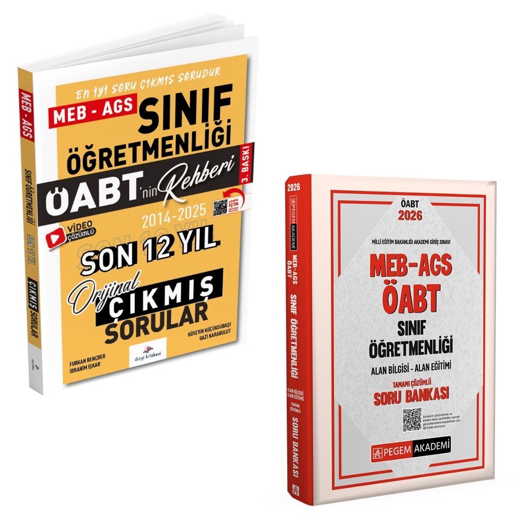 Dizgi Kitap 2026 Meb Ags ÖABT Sınıf Öğretmenliği Son 12 Yıl Çıkmış Sınav Soruları ve MEB AGS ÖABT Sınıf Öğretmenliği Tamamı Çözümlü Soru Bankası Pegem Yayınları Seti