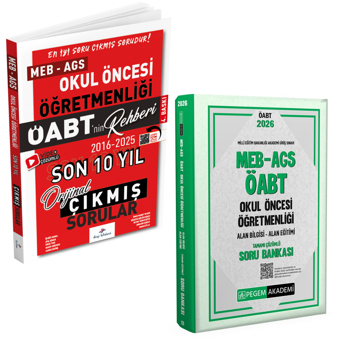 Dizgi Kitap 2026 Meb Ags ÖABT Okul Öncesi Öğretmenliği Son 10 Yıl Orijinal Çıkmış Sınav Soruları ve MEB AGS ÖABT Okul Öncesi Öğretmenliği Alan Bilgisi - Alan Eğitimi Tamamı Çözümlü Soru Bankası Pegem Yayınları Seti
