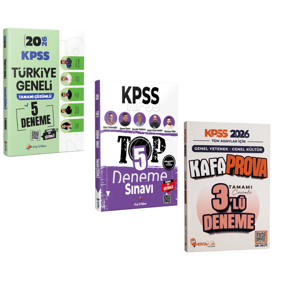 Dizgi Kitap 2026 KPSS Türkiye Geneli 5 Deneme, TOP 5 Tamamı PDF Çözümlü 5 Deneme ve Hoca Kafası Yayınları GY-GK Kafa Prova 3 Deneme Seti