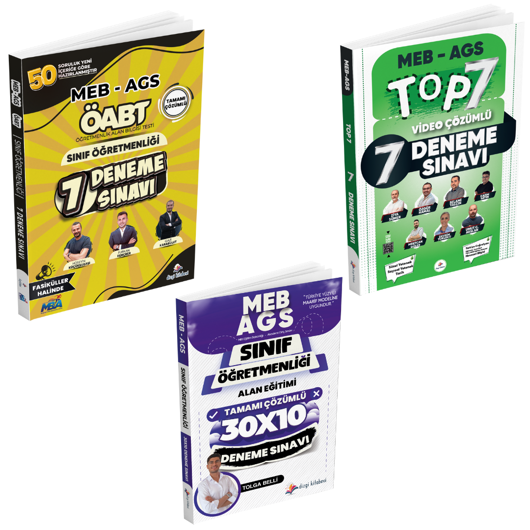 Dizgi Kitap 2025 Meb Ags ÖABT Sınıf Öğretmenliği Alan Bilgisi Çözümlü 7 Deneme Sınavı, Alan Eğitimi Çözümlü 10 Deneme Sınavı ve Ags TOP 7 Deneme 3'lü Set