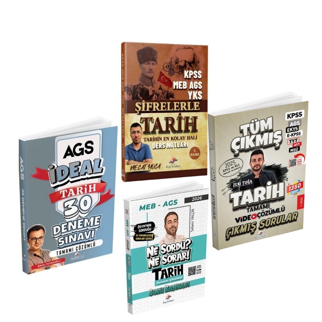 Dizgi Kitap 2026 KPSS MEB AGS YKS Şifrelerle Tarih Ders Notları & Ne Sordu Ne Sorar MEB AGS Tarih Video Çözümlü Soru Bankası ve MEB AGS İdeal Tarih Tamamı Çözümlü 30 Deneme Seti ve Tarih Çıkmış Sorular Seti