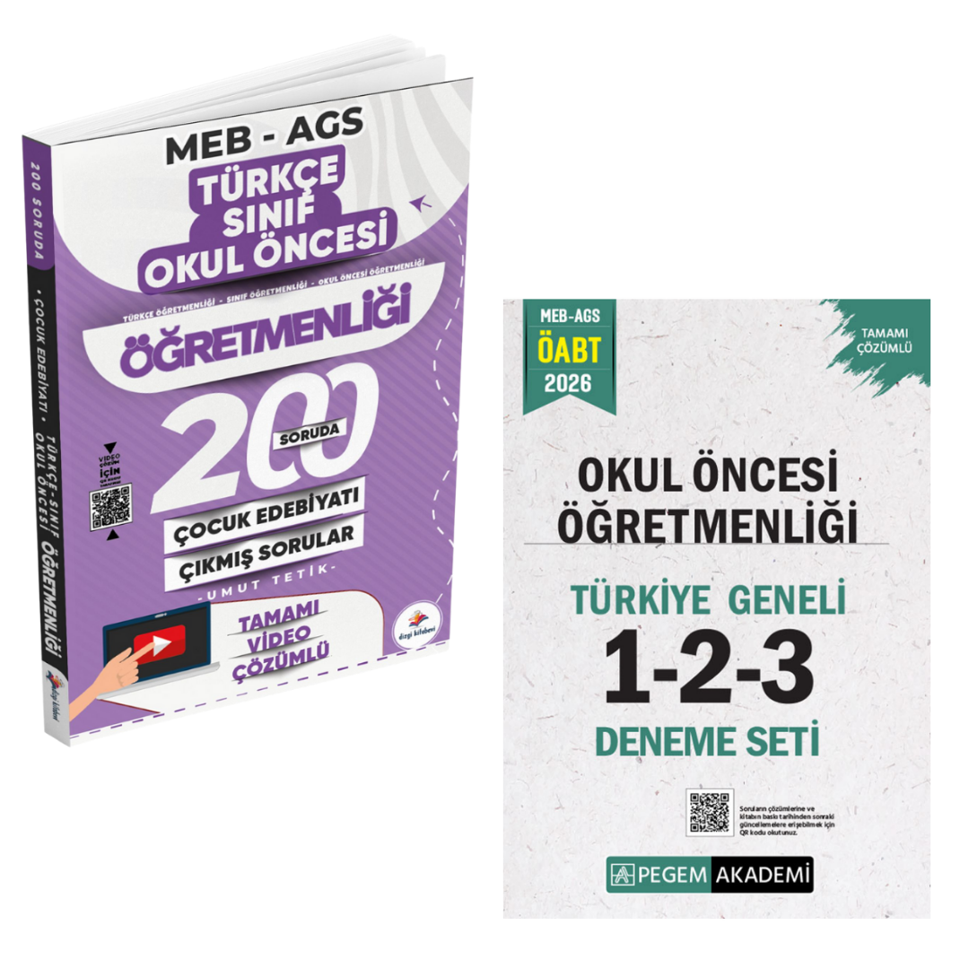 Dizgi Kitap 2026 Meb Ags ÖABT 200 Soruda Çocuk Edebiyatı Türkçe, Sınıf, Okul Öncesi Öğretmenliği Son 13 Yıl Çıkmış Sorular & MEB AGS ÖABT Okul Öncesi Öğretmenliği Türkiye Geneli 1-2-3 (3'lü Deneme Seti) Pegem Seti
