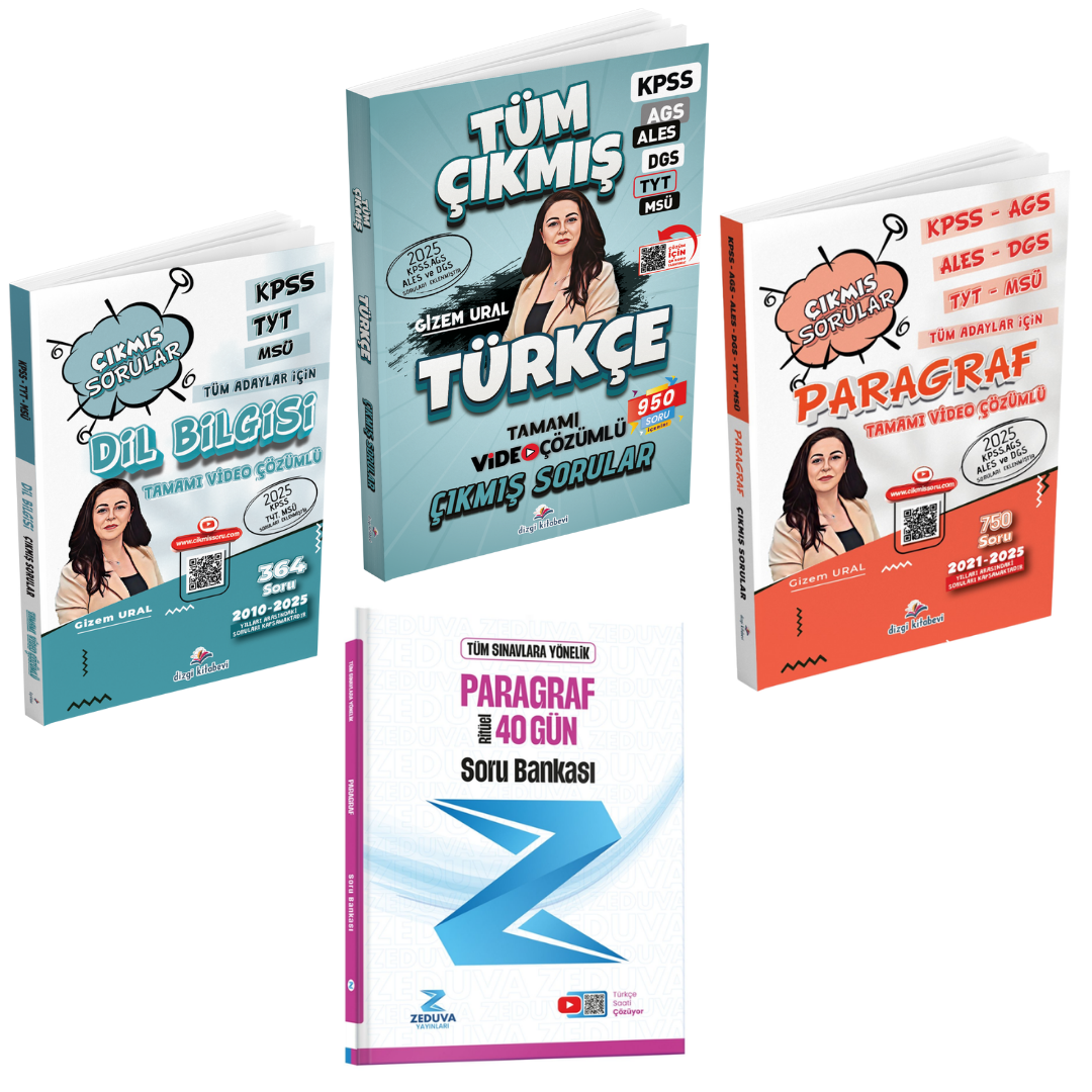 Dizgi Kitap 2026 Tüm Sınavlar Türkçe Çıkmış Sorular & Tüm Sınavlar Dil Bilgisi Çıkmış Sorular & Tüm Sınavlar Paragraf Çıkmış Sorular Gizem Ural & 40 Gün Ritüel Paragraf Soru Bankası Zeduva Yayınları Seti