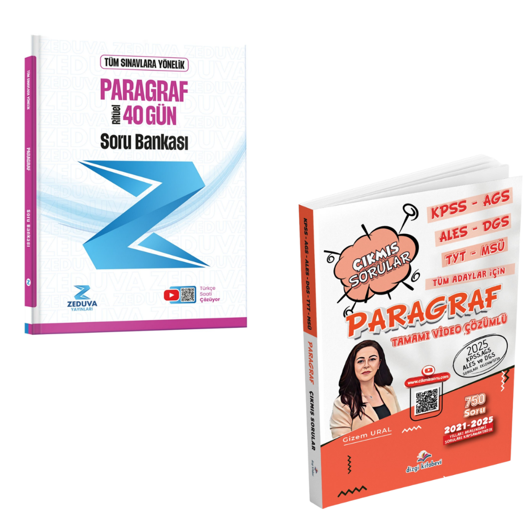 Dizgi Kitap KPSS AGS ALES DGS TYT MSÜ Tüm Adaylar İçin Tamamı Video Çözümlü Paragraf Çıkmış Sorular ve 40 Gün Ritüel Paragraf Soru Bankası Zeduva Yayınları Seti