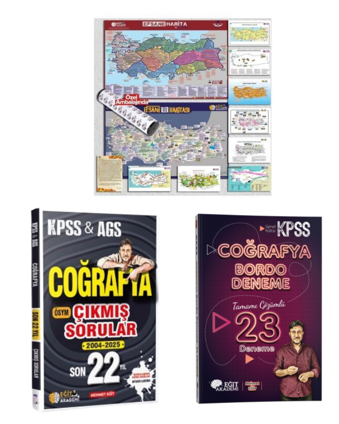 KPSS Efsane 10 lu Harita, Son 22 Yıl Coğrafya Çıkmış Sorular ve Bordo 23 Deneme Seti Mehmet Eğit Eğit Akademi