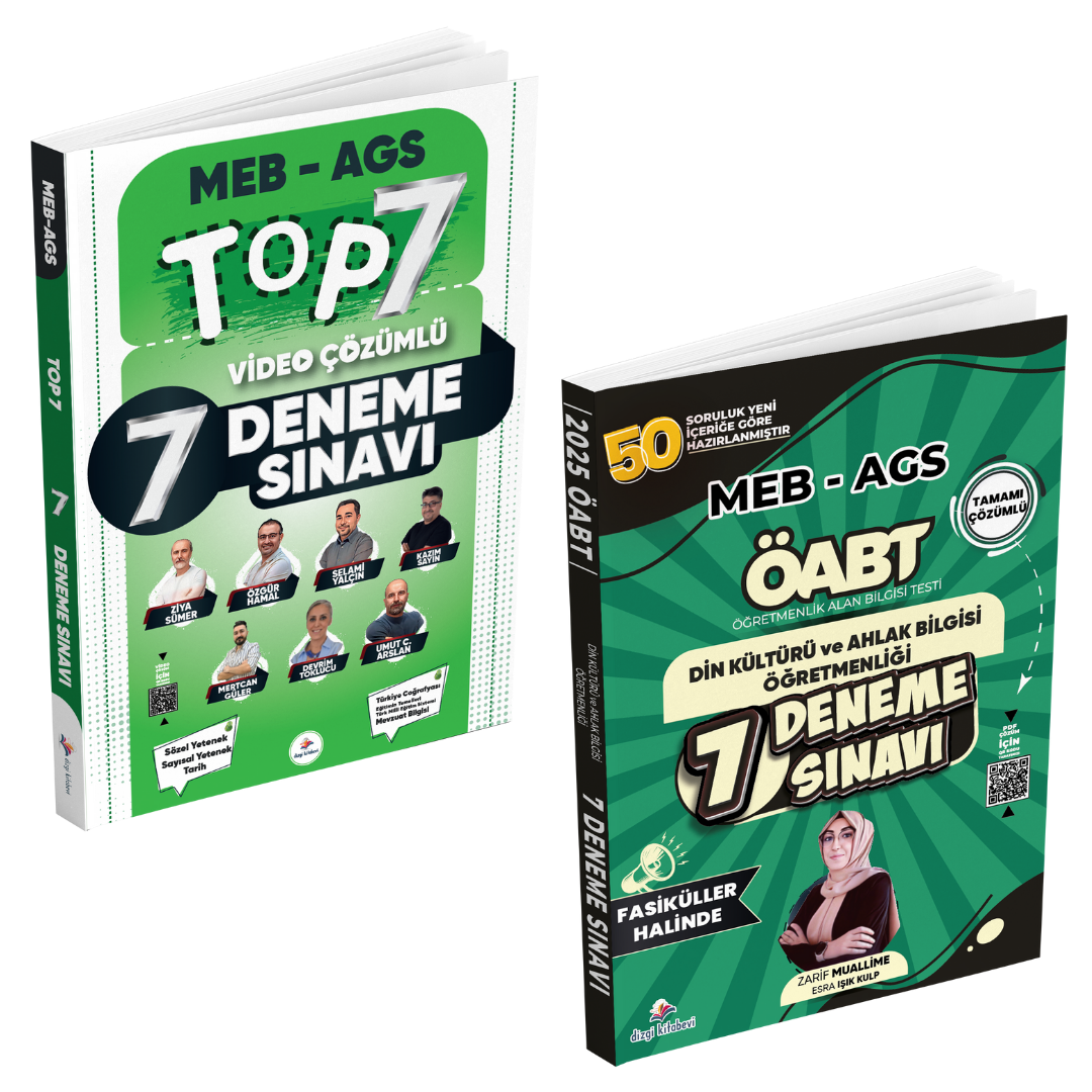 Dizgi Kitap 2025 Meb Ags TOP 7 Tamamı Video Çözümlü Fasiküller Halinde 7 Deneme Sınavı ve Öabt Din Kültürü ve Ahlak Bilgisi Öğretmenliği Tamamı Pdf Çözümlü 7 Deneme Sınavı Seti