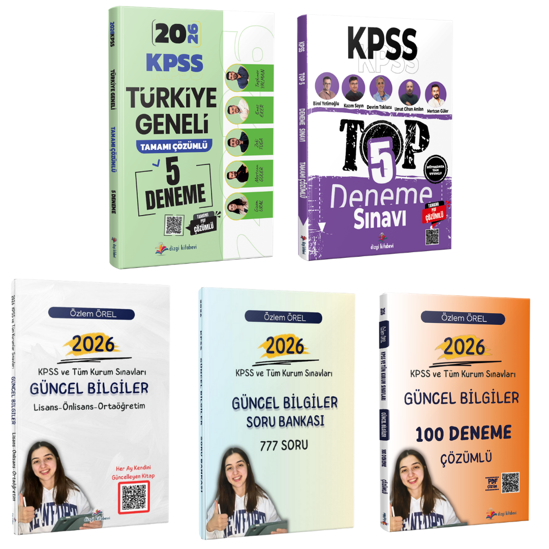 Dizgi Kitap 2026 KPSS Türkiye Geneli 5 Deneme & KPSS TOP 5 Tamamı PDF Çözümlü 5 Deneme, Güncel Bilgiler Konu Anlatımı, Soru Bankası ve 100 Deneme Seti