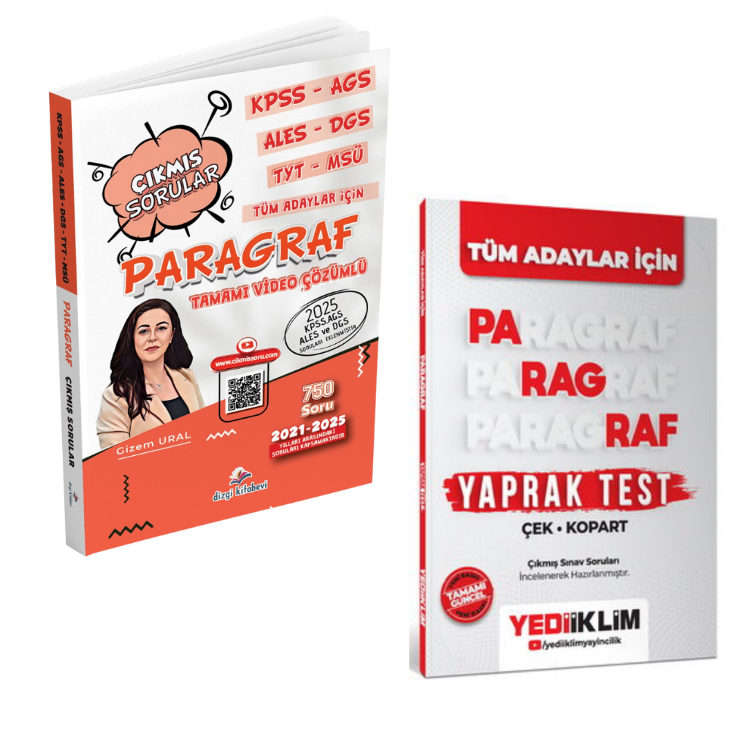 Dizgi Kitap KPSS AGS ALES DGS TYT MSÜ Tüm Adaylar İçin Tamamı Video Çözümlü Paragraf Çıkmış Sorular ve Tüm Adaylar İçin Paragraf Çek Kopart Yaprak Test Yediiklim Yayınları Seti