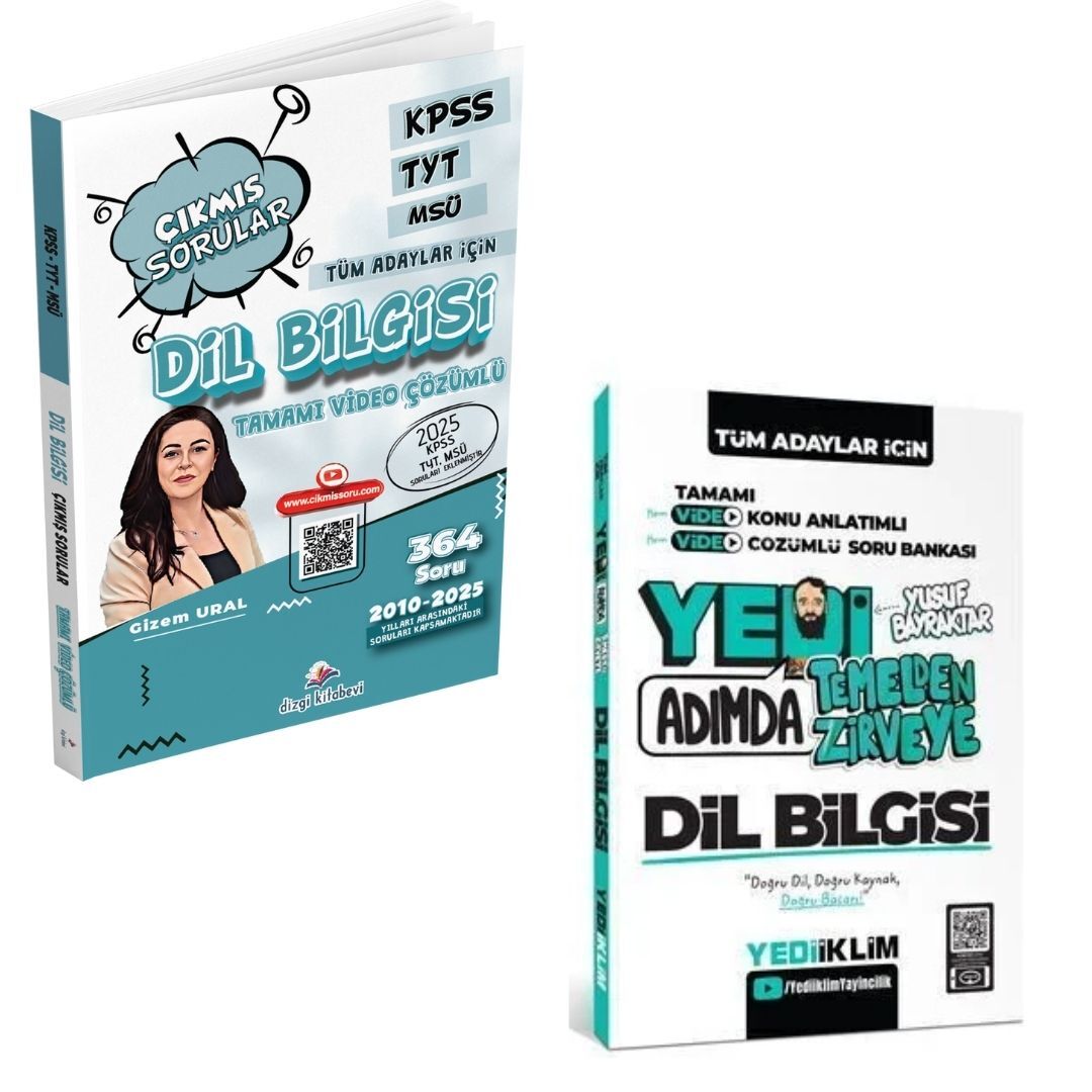 Dizgi Kitap KPSS TYT MSÜ Tüm Adaylar İçin Tamamı Dil Bilgisi Çıkmış Sorular ve Tüm Adaylar İçin Yedi Adımda Temelden Zirveye Dil Bilgisi Video Konu Anlatımlı Soru Bankası Yediiklim Yayınları Seti