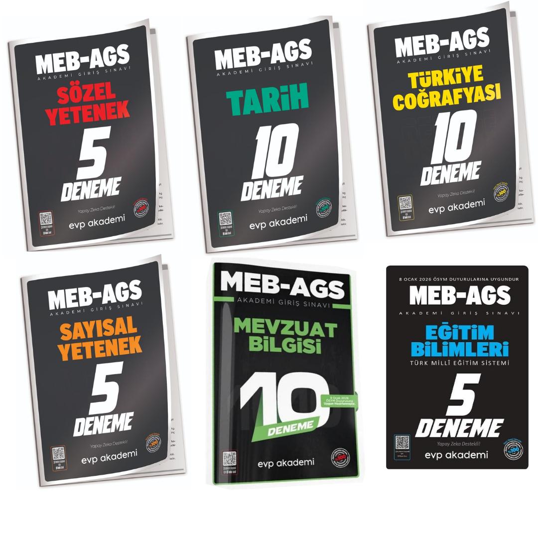 EVP Akademi MEB-AGS Mevzuat Bilgisi, Eğitim Bilimleri Türk Milli Eğitim Sistemi, Türkiye Coğrafyası, Tarih, Sözel Yetenek, Sayısal Yetenek 45 Deneme Seti