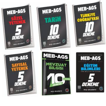 EVP Akademi MEB-AGS Mevzuat Bilgisi, Eğitim Bilimleri Türk Milli Eğitim Sistemi, Türkiye Coğrafyası, Tarih, Sözel Yetenek, Sayısal Yetenek 45 Deneme Seti